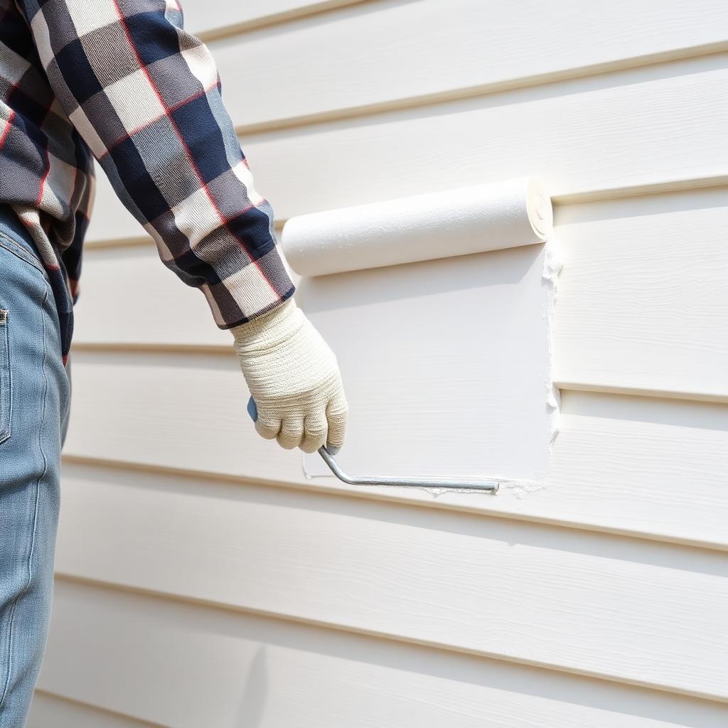 Painter rolling fresh white paint on exterior siding