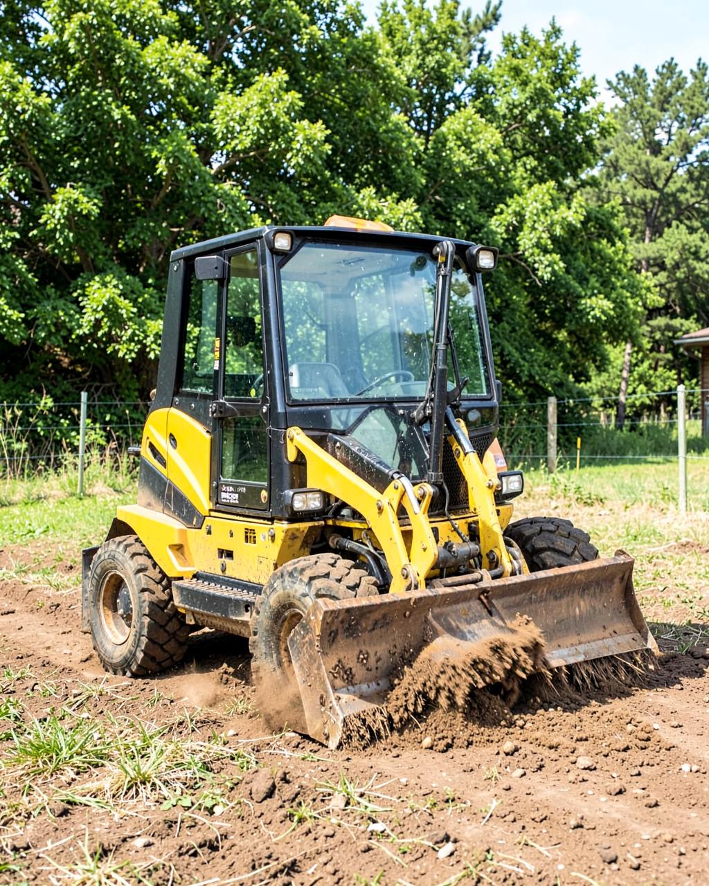 Compact skid steer clearing brush and moving dirt on a rural property