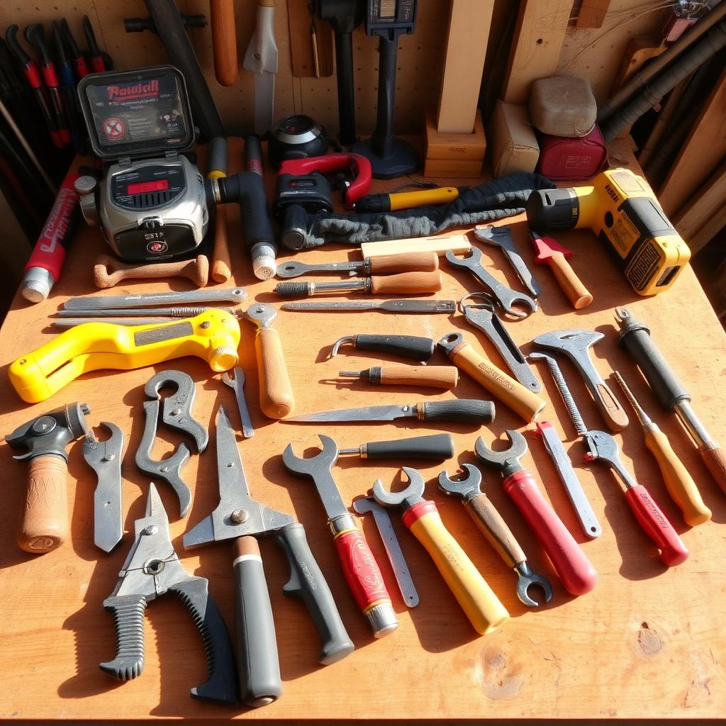 Assortment of contractor tools on a workbench