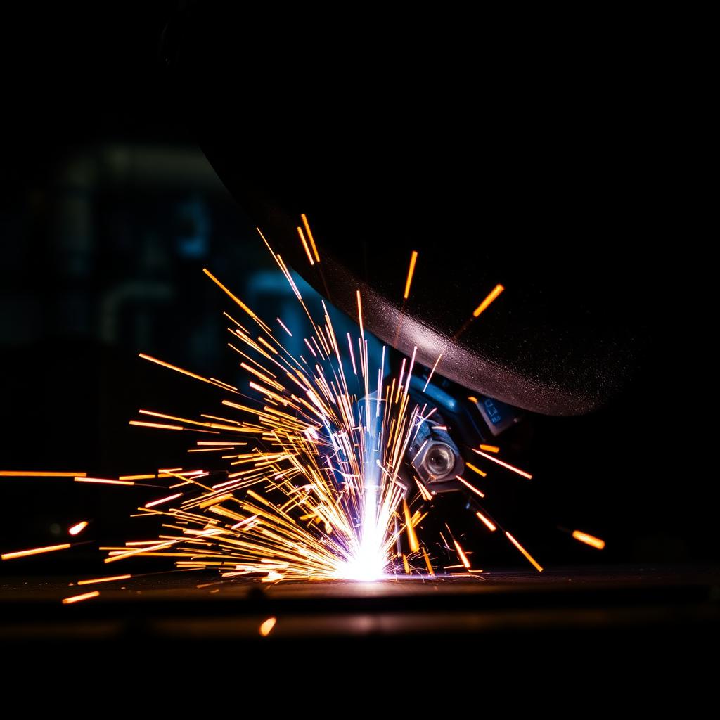 Welder joining steel with bright sparks flying